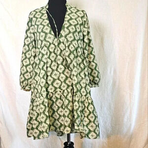Zara Cadie Geometric Green Mini Smock Dress Boho, Cottagecore SZ Small